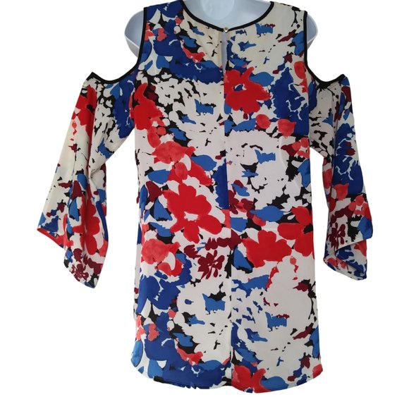 Vince Camuto Nautical Bloom Women's Cold Shoulder Multicolor Blouse Top- Size S - Picture 2 of 9